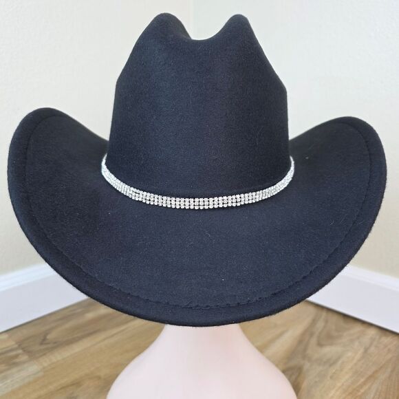 ☔️🩵Black & Rhinestone Band Wide Brim Cowgirl Hat Medium - Picture 8 of 15